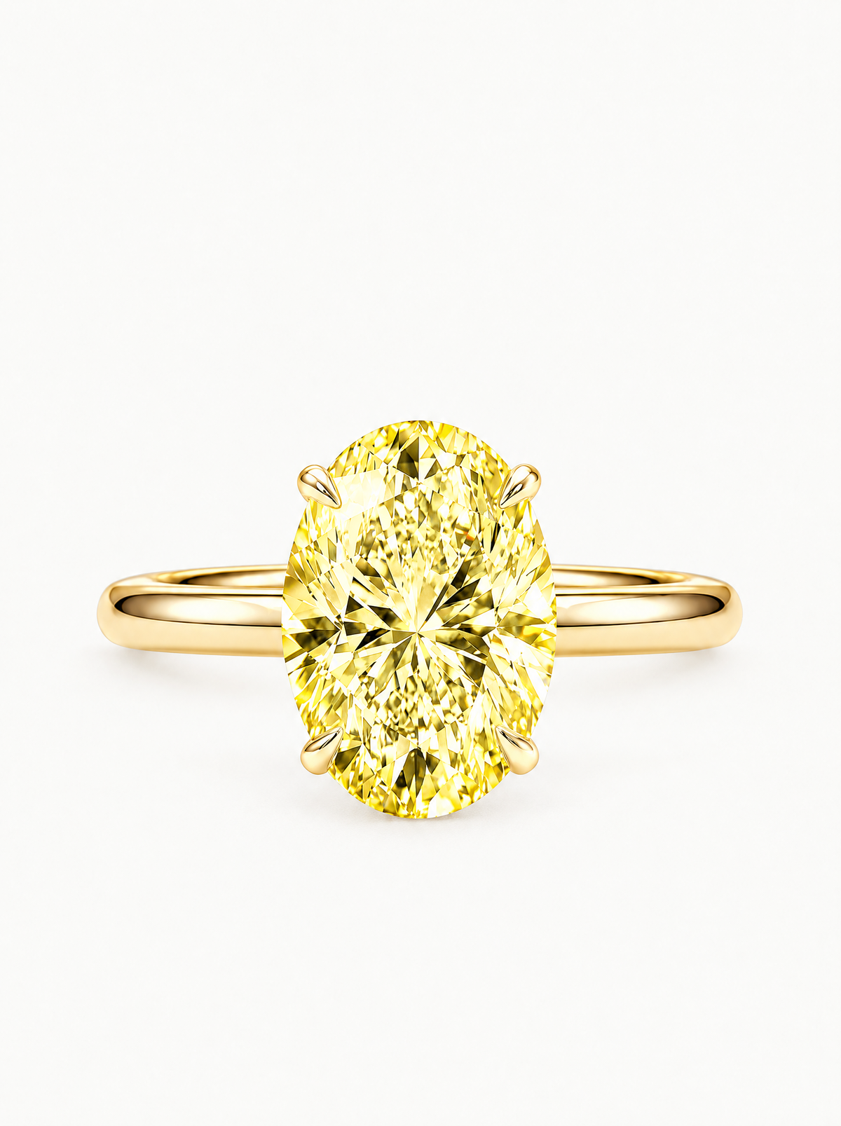 Fancy Yellow Oval Cut Solitaire Lab-Grown Diamond Engagement Ring in 14K yellow gold, front view — Bow Tie Lab Diamonds
