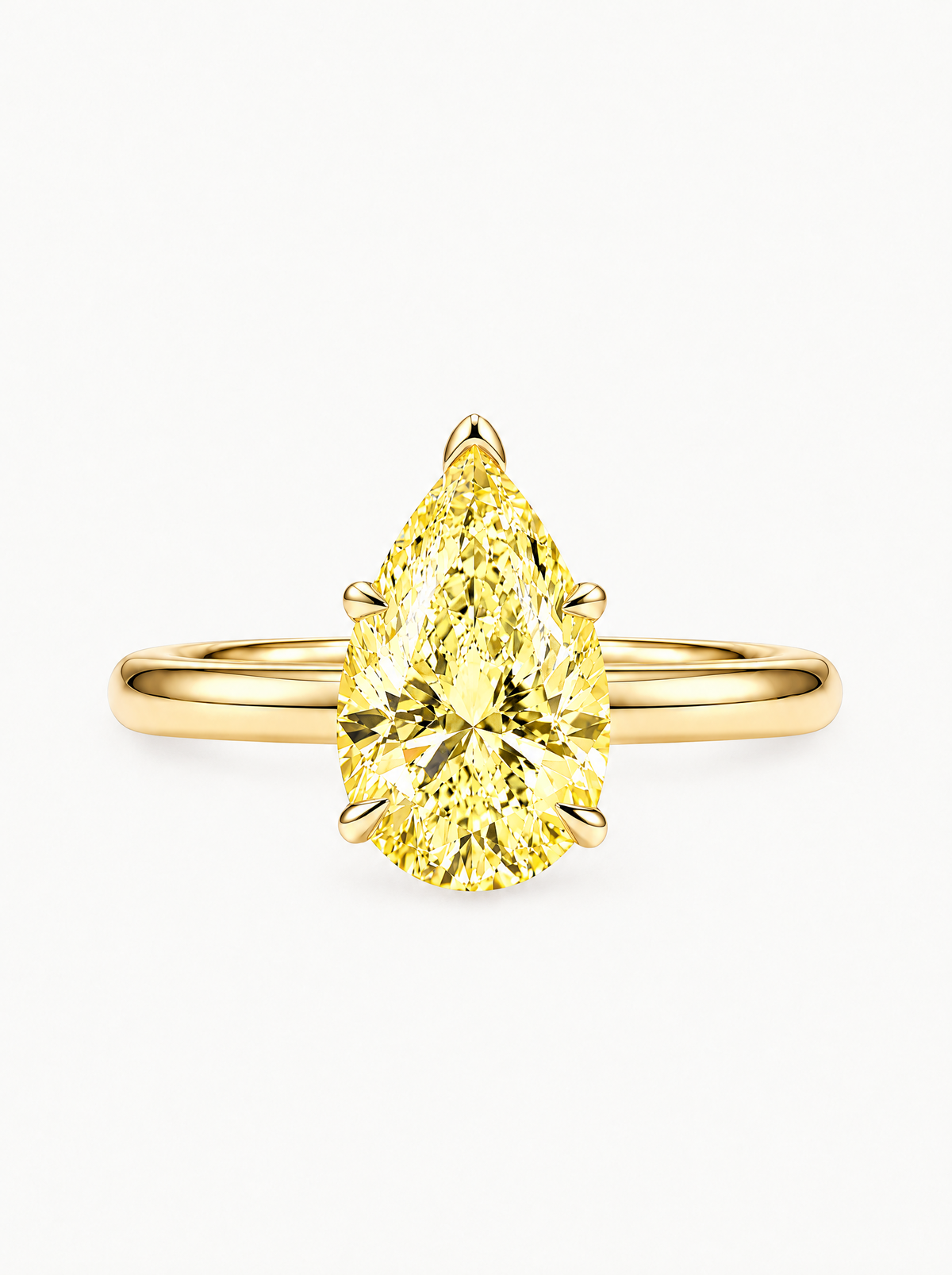 Fancy Yellow Pear Cut Solitaire Lab-Grown Diamond Engagement Ring in 14K yellow gold, front view — Bow Tie Lab Diamonds