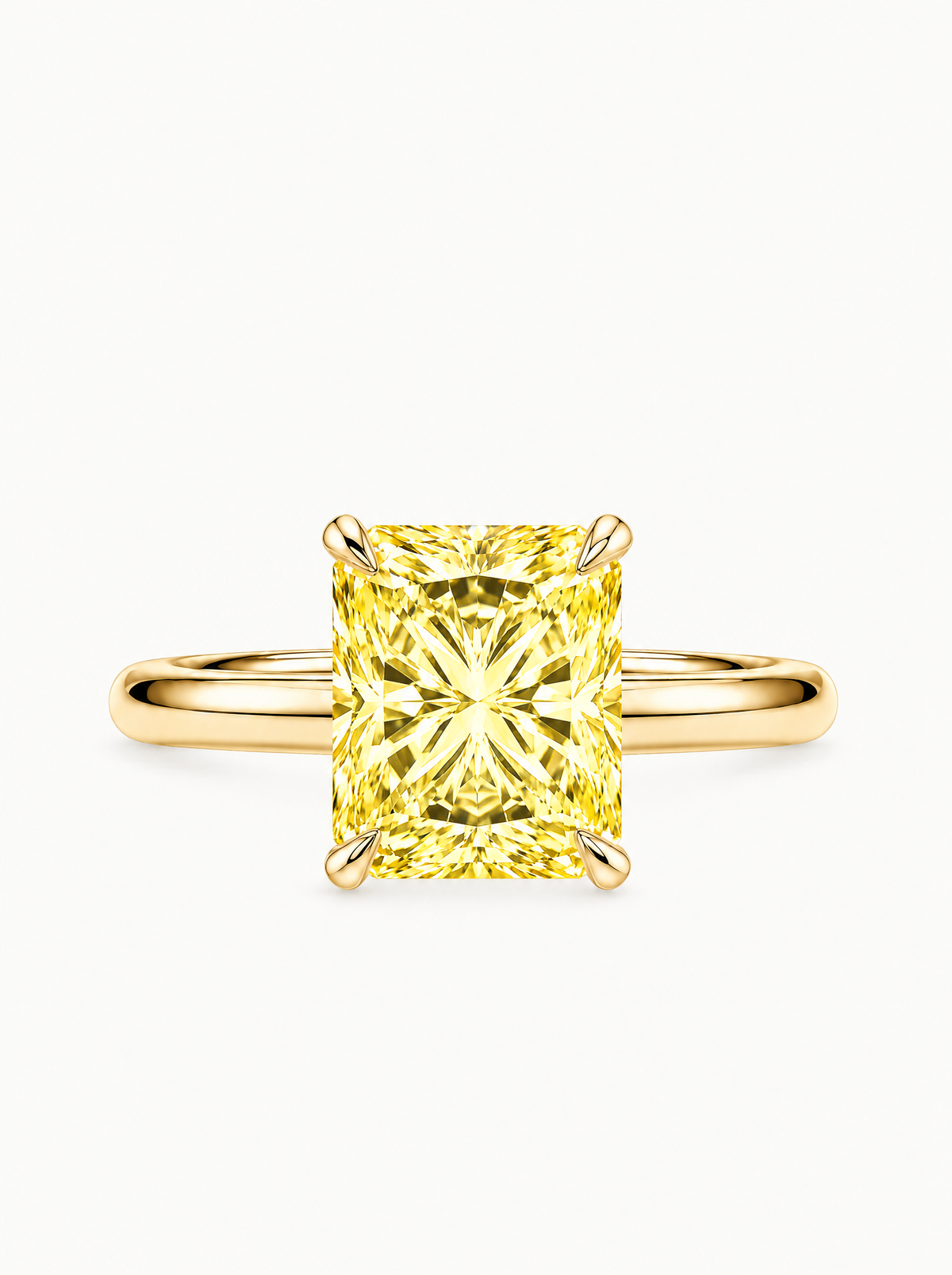 Fancy Yellow Radiant Cut Solitaire Lab-Grown Diamond Engagement Ring in 14K yellow gold, front view — Bow Tie Lab Diamonds