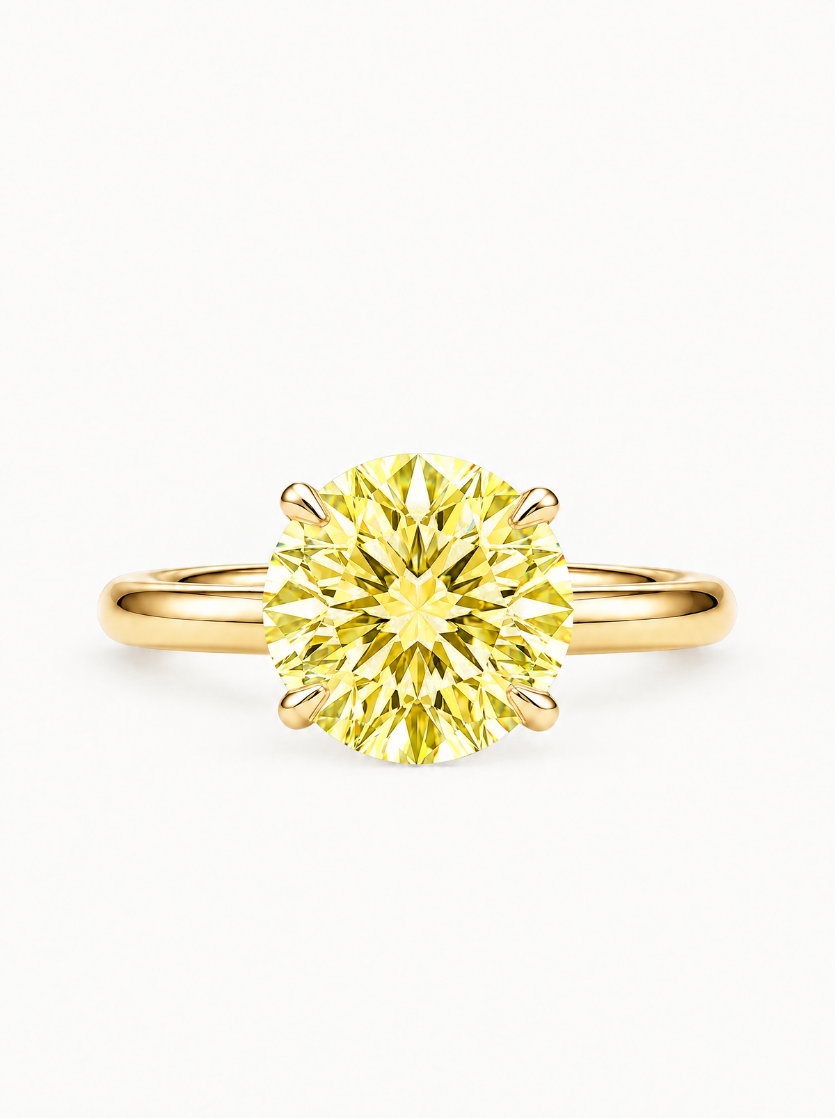Fancy Yellow Round Cut 4-Prong Solitaire Lab-Grown Diamond Engagement Ring in 14K yellow gold, front view — Bow Tie Lab Diamonds