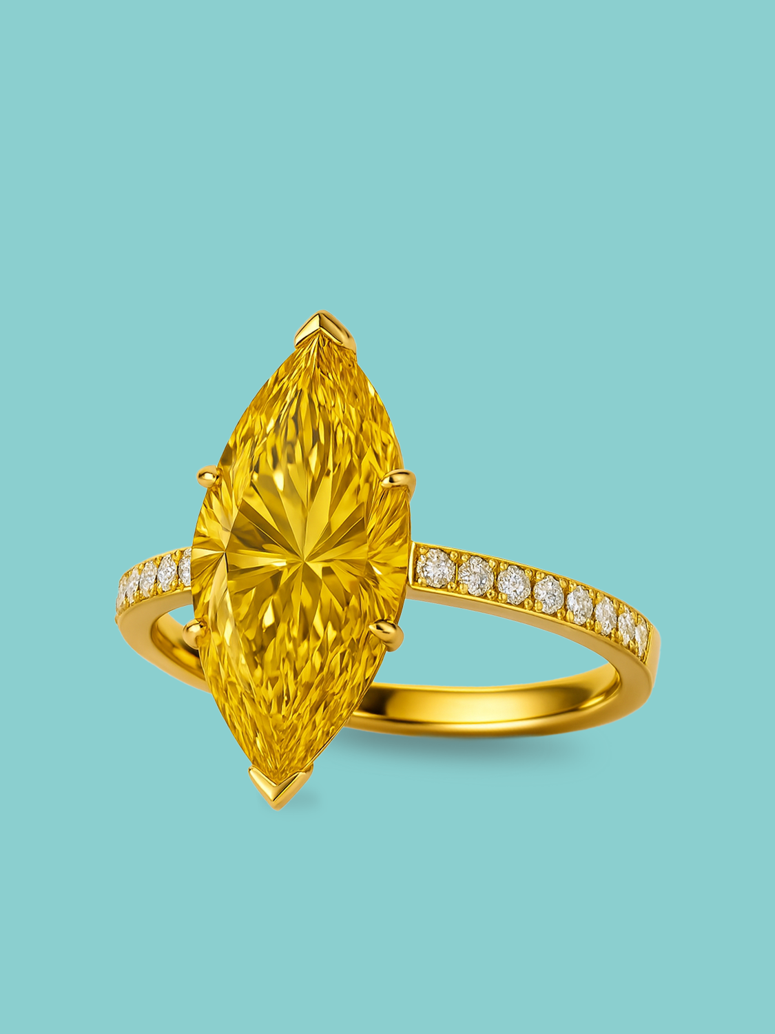 Yellow Marquise Cut Solitaire Pavé Band Lab Diamond Statement Ring