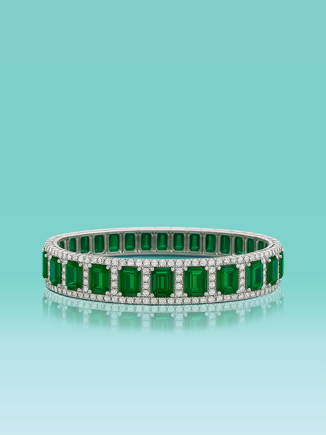 Emerald Cut Green Lab Diamond Double-Halo Pavé Tennis Bracelet