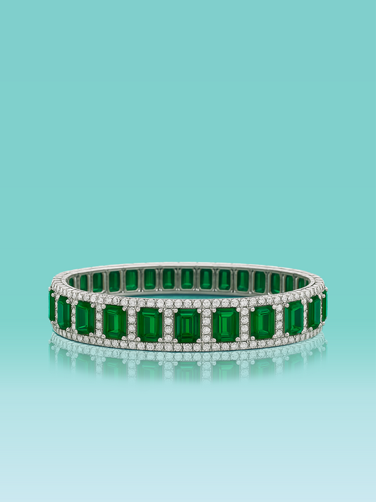 Lab Emerald Double-Halo Tennis Bracelet with White Gold