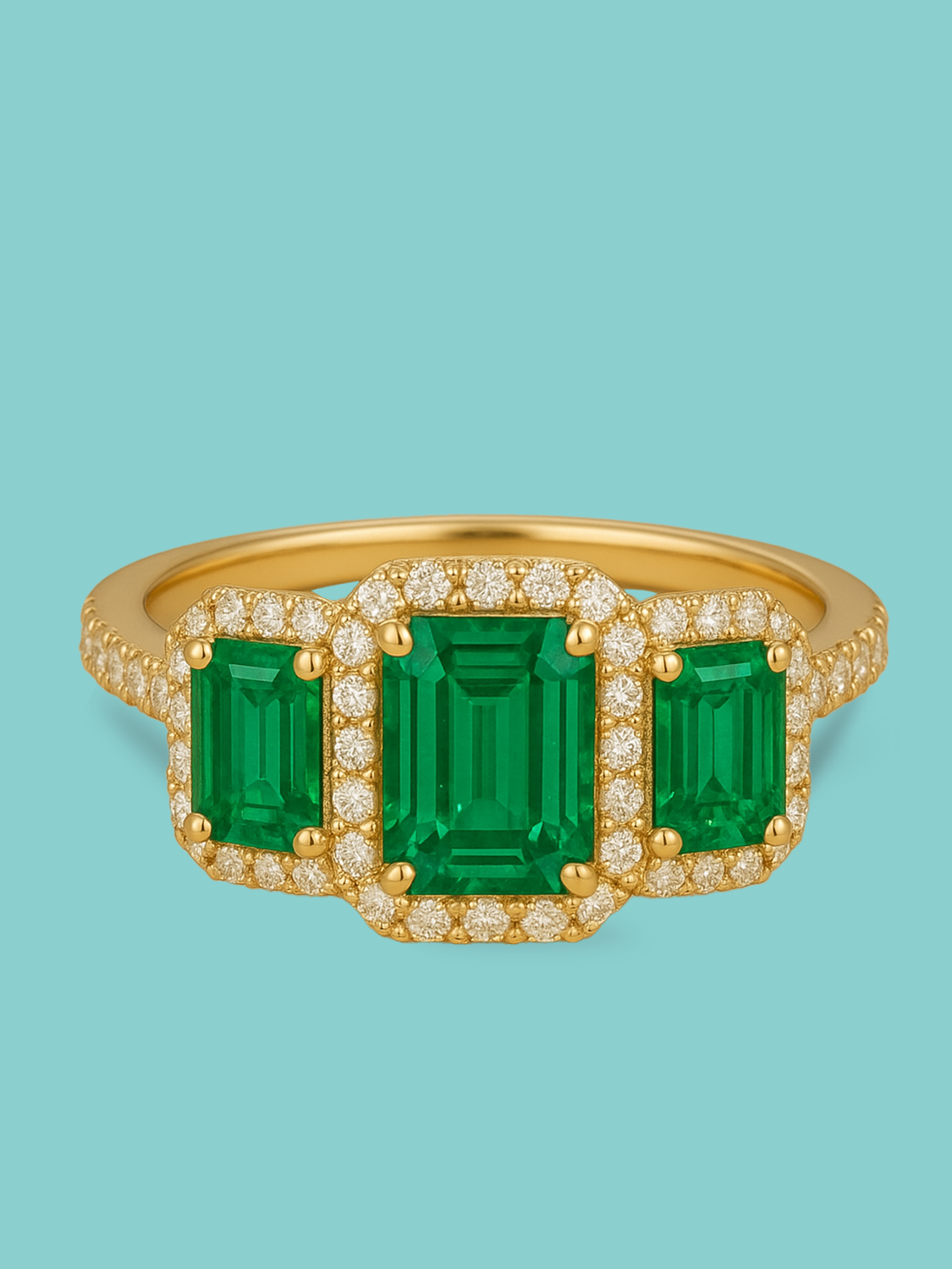 Green Emerald Cut Three-Stone Halo Pavé Lab Diamond Statement Ring