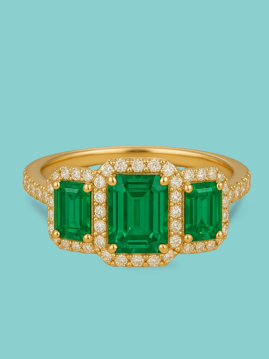 Lab Emerald Three-Stone Halo Ring