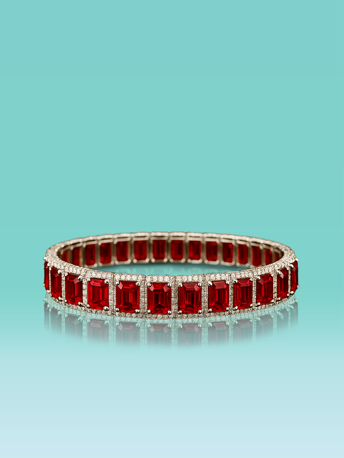 Emerald Cut Ruby Lab Diamond Double-Halo Pavé Tennis Bracelet
