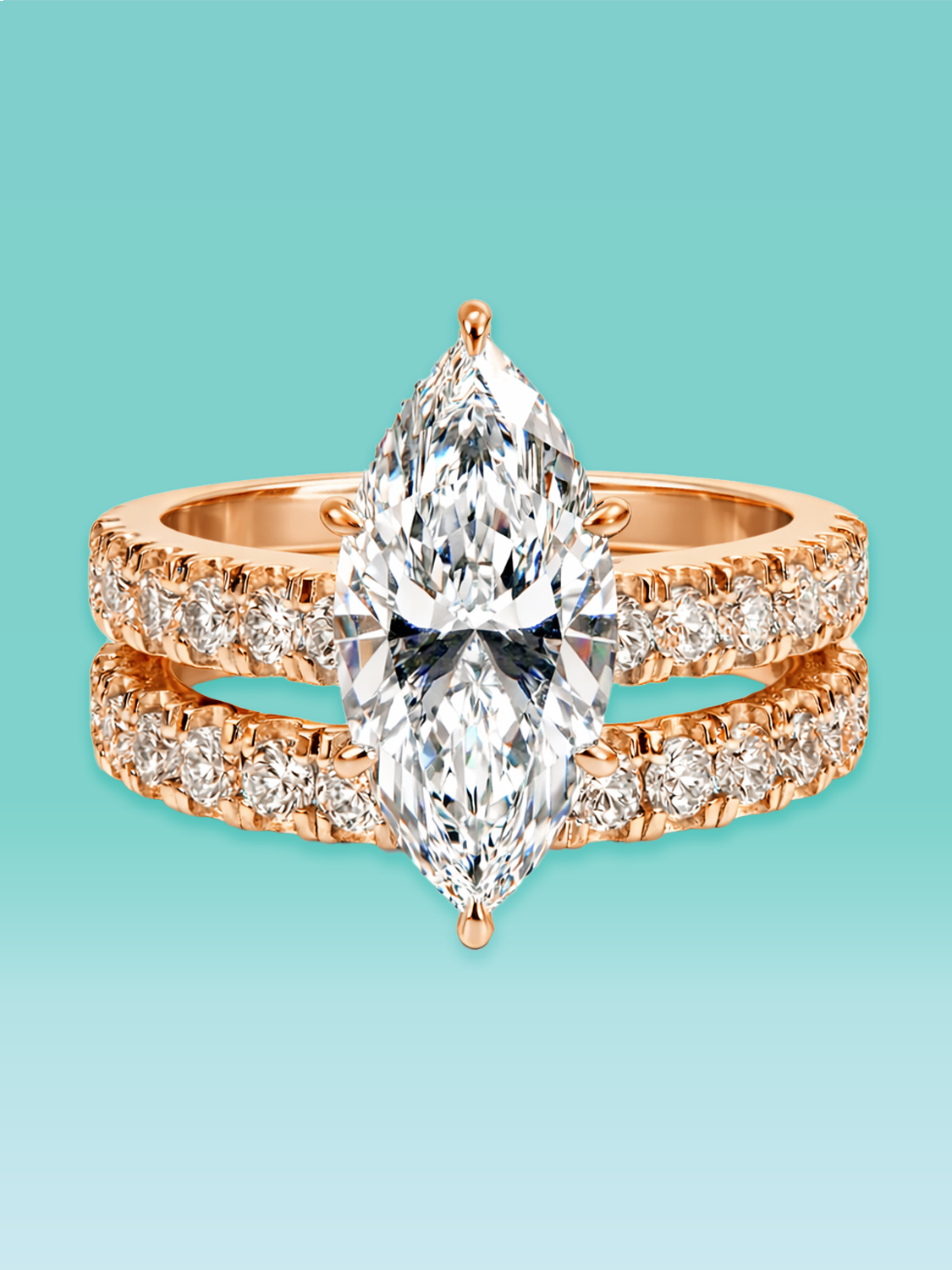Marquise Cut Lab Diamond Halo Pavé Band Engagement Ring Set