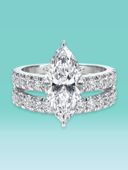 Marquise Cut Lab Diamond Halo Pavé Band Engagement Ring Set
