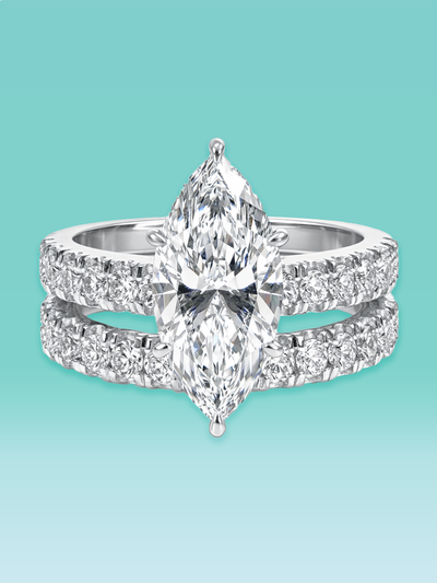 Marquise Cut Lab Diamond Halo Pavé Band Engagement Ring Set