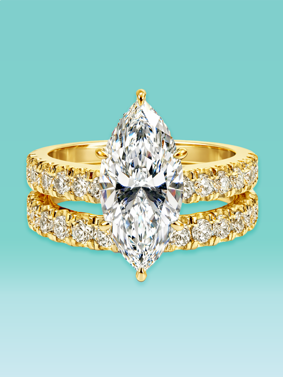Marquise Cut Lab Diamond Halo Pavé Band Engagement Ring Set