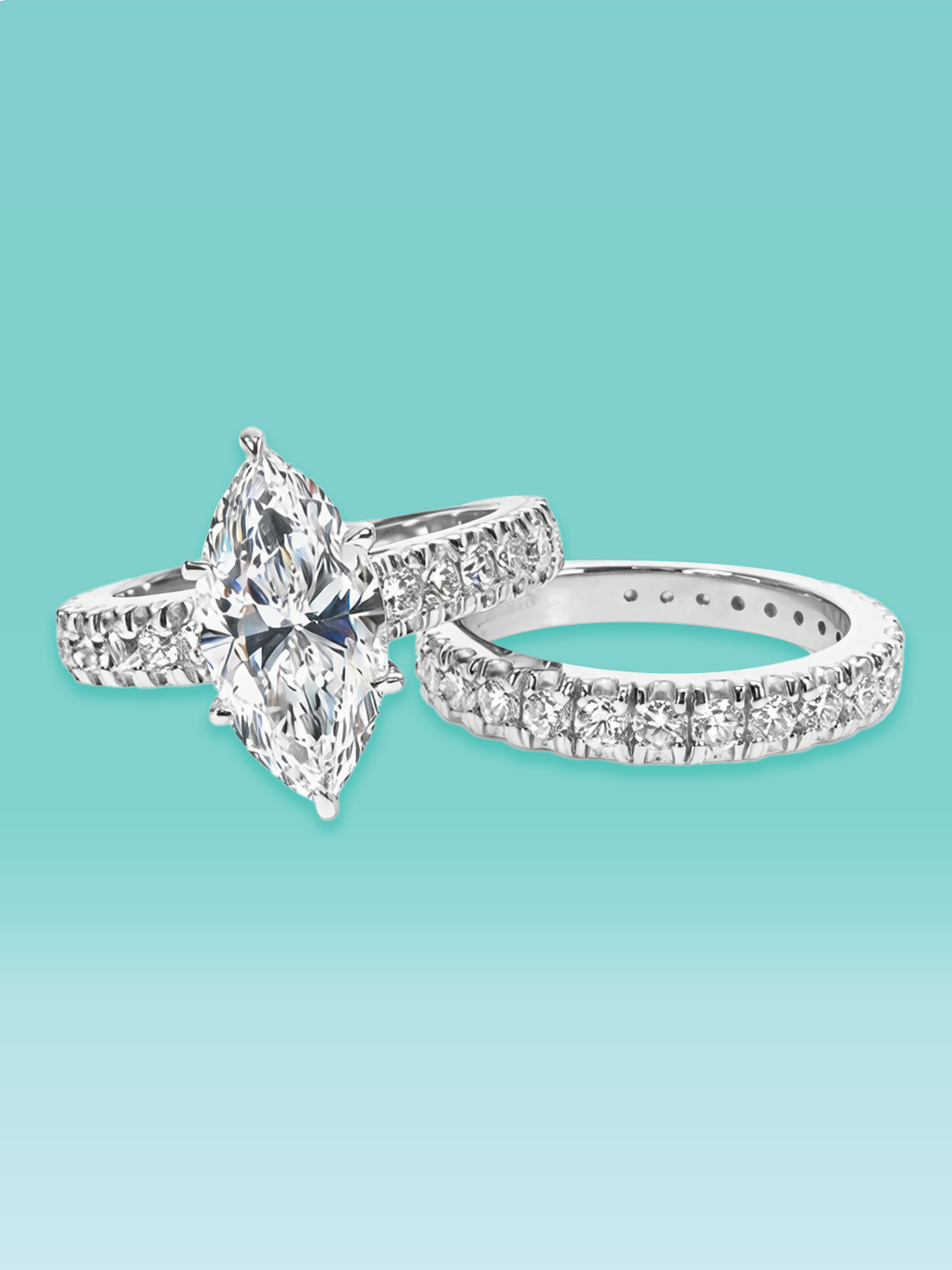Marquise Cut Lab Diamond Halo Pavé Band Engagement Ring Set