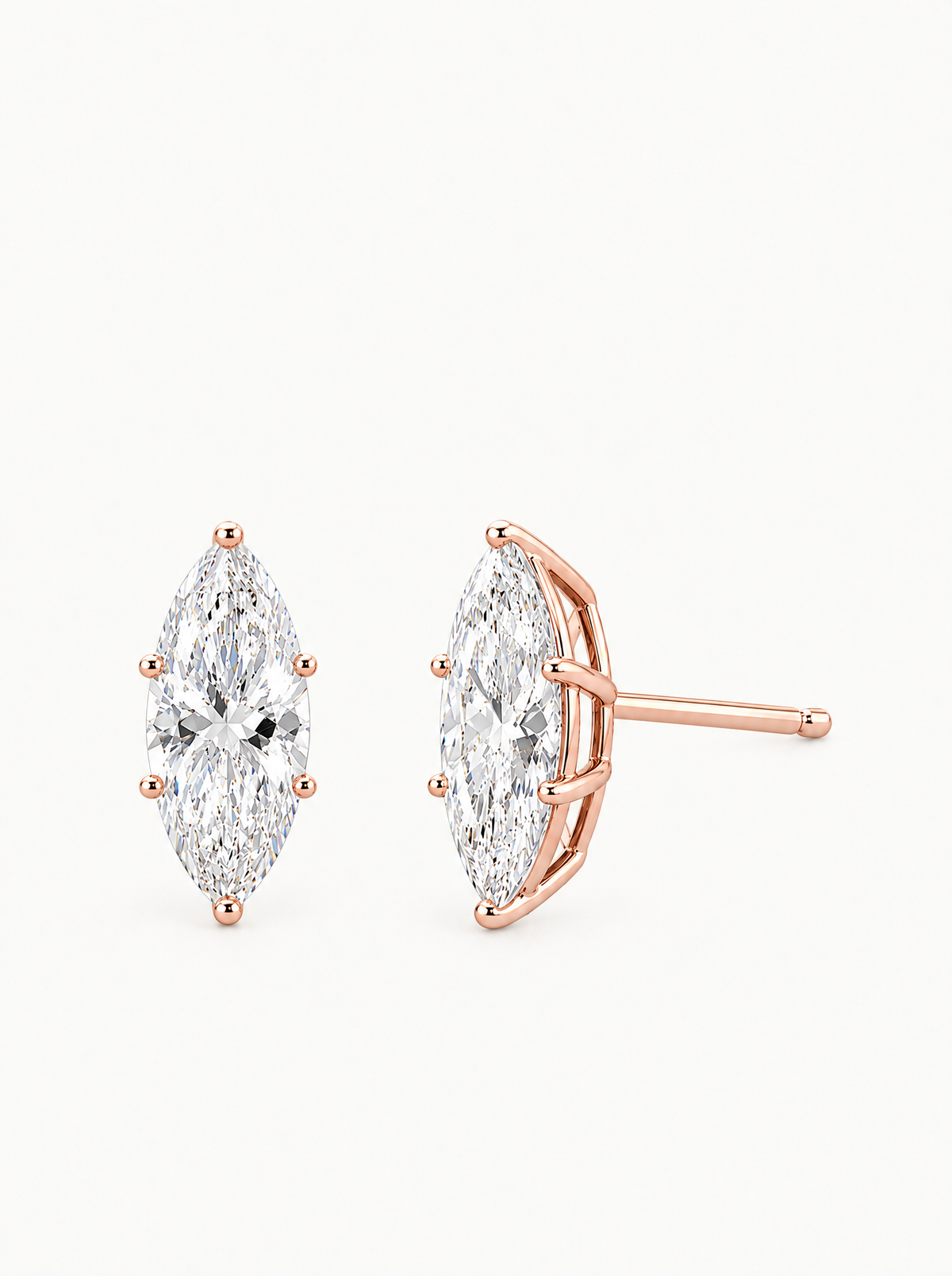Marquise Cut Lab-Grown Diamond Stud Earrings in 14K rose gold, front view — Bow Tie Lab Diamonds