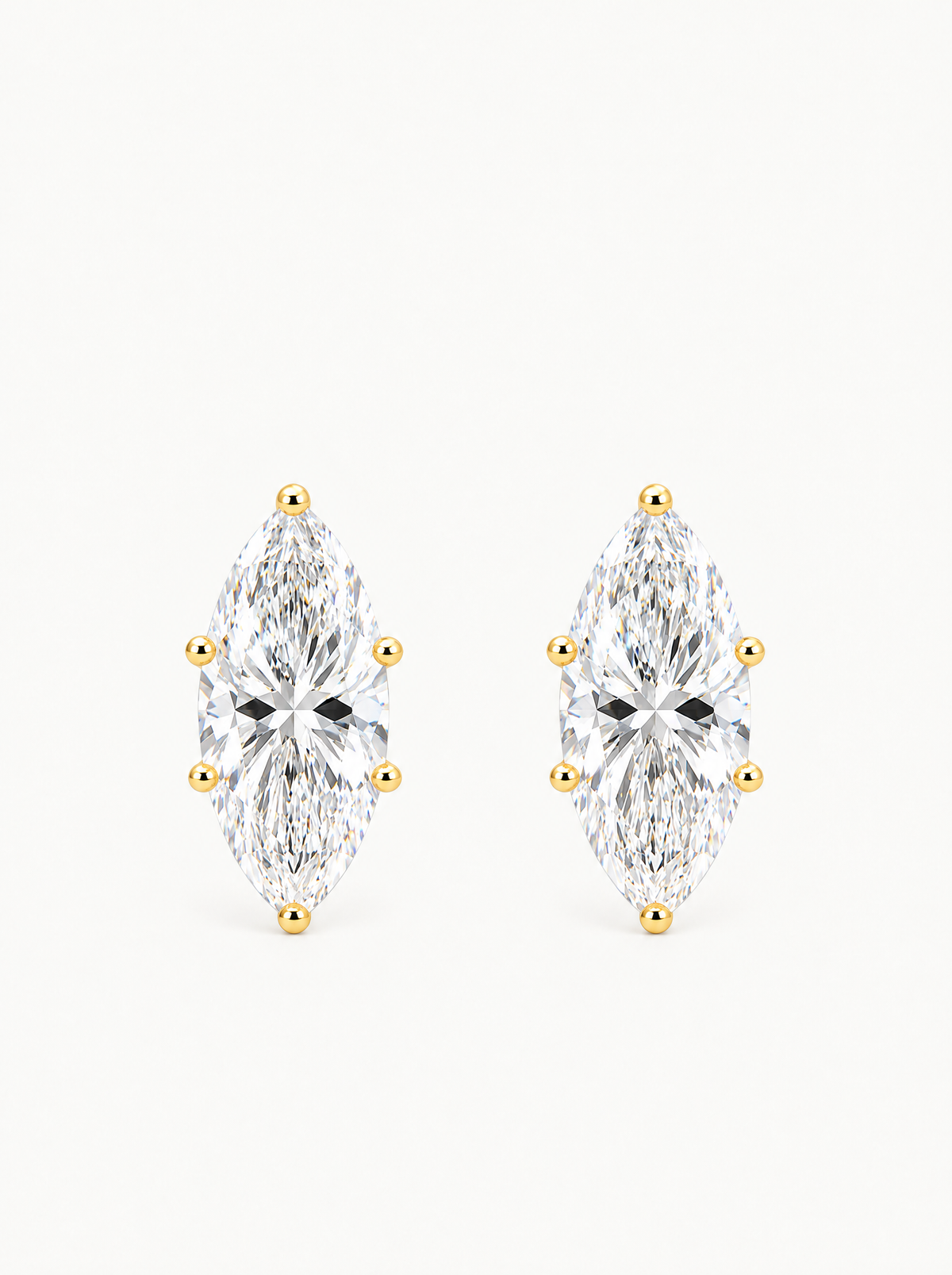 Marquise Cut Lab-Grown Diamond Stud Earrings in 14K yellow gold, front view — Bow Tie Lab Diamonds