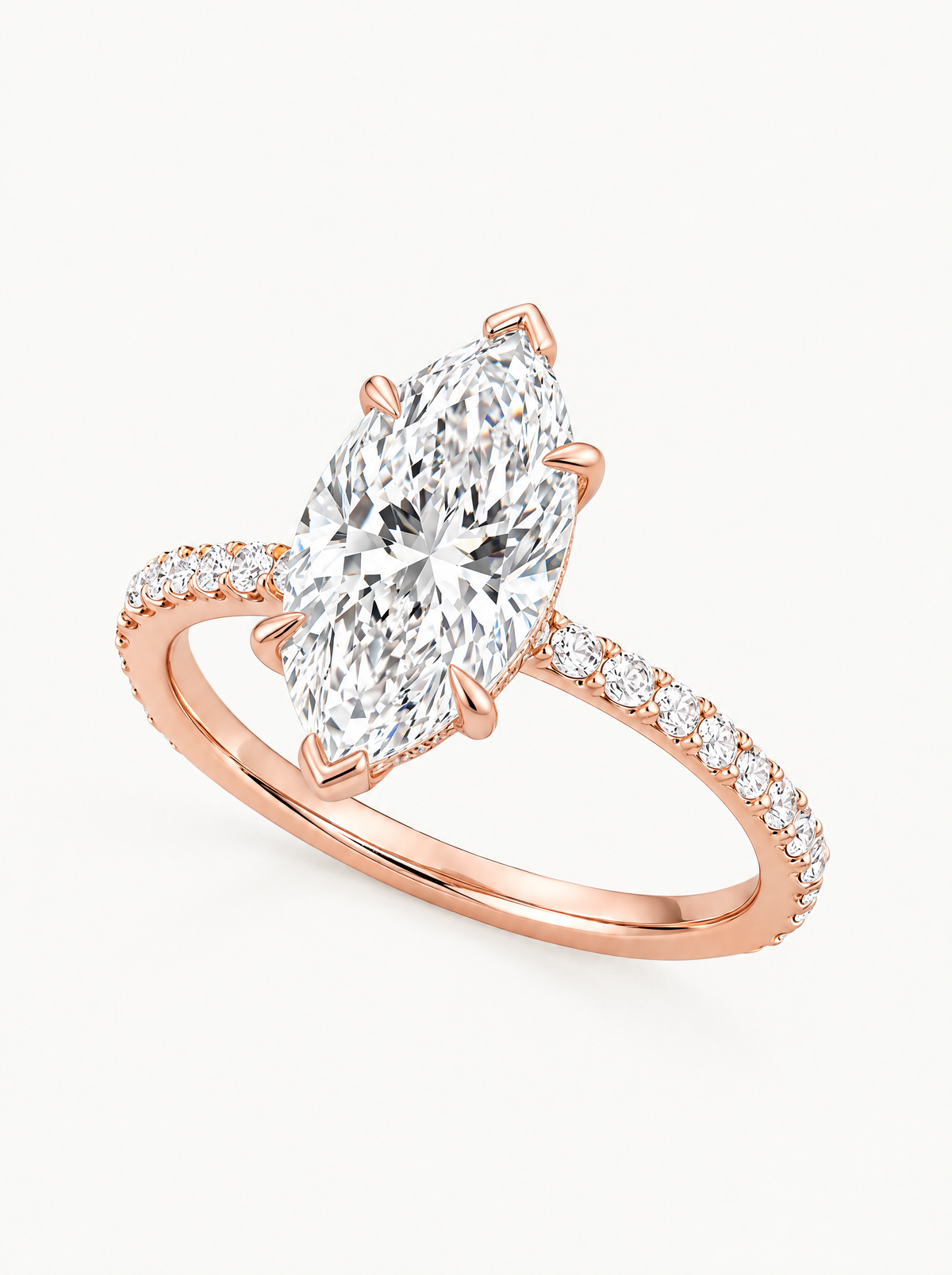 Marquise Cut Solitaire Hidden Halo Lab-Grown Diamond Engagement Ring in 14K rose gold, front view — Bow Tie Lab Diamonds