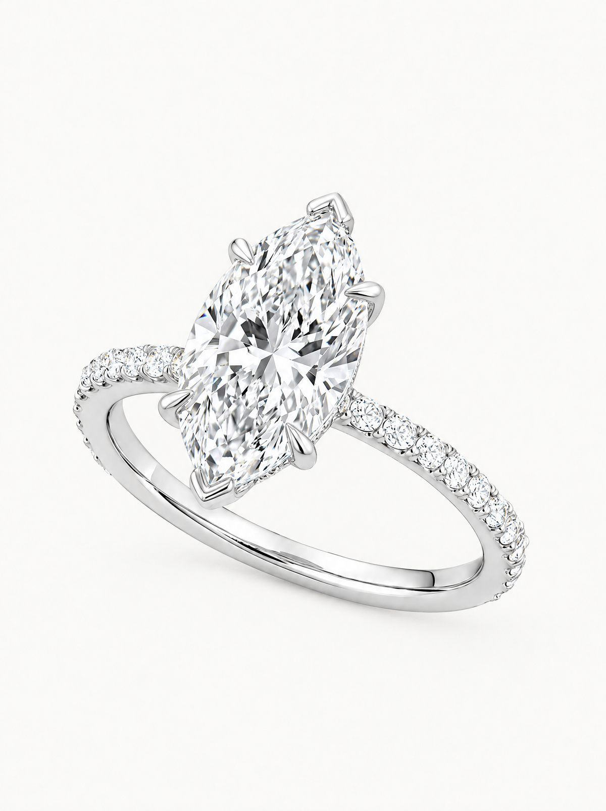 Marquise Cut Solitaire Hidden Halo Lab-Grown Diamond Engagement Ring in 14K white gold, front view — Bow Tie Lab Diamonds