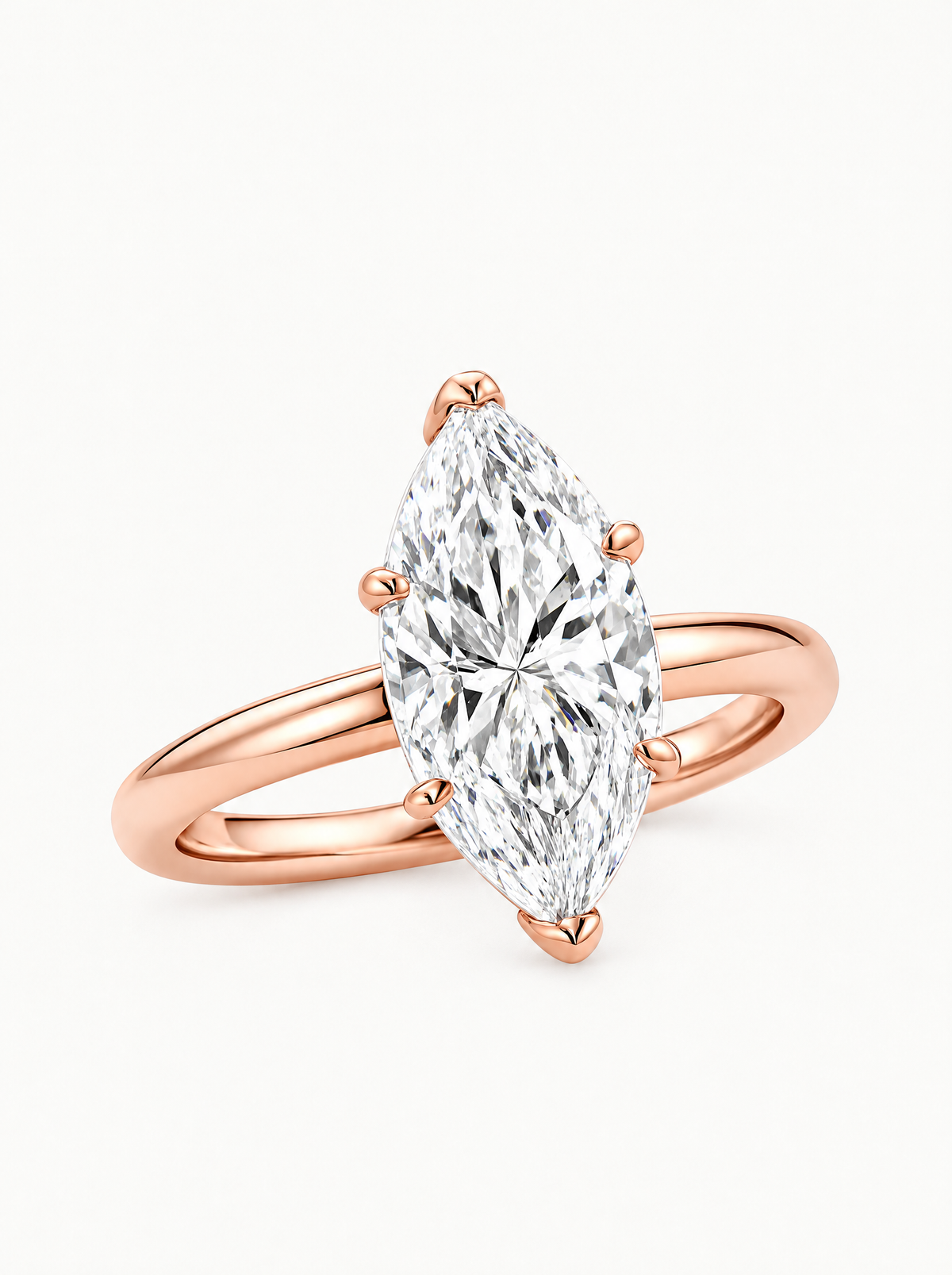 Marquise Cut Solitaire Lab-Grown Diamond Engagement Ring in 14K rose gold, front view — Bow Tie Lab Diamonds