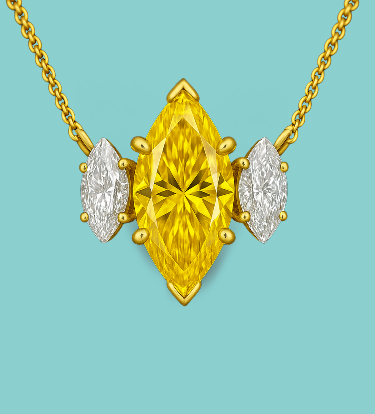 Fancy Yellow Marquise Cut Three-stone Lab Diamond Pendant Necklace