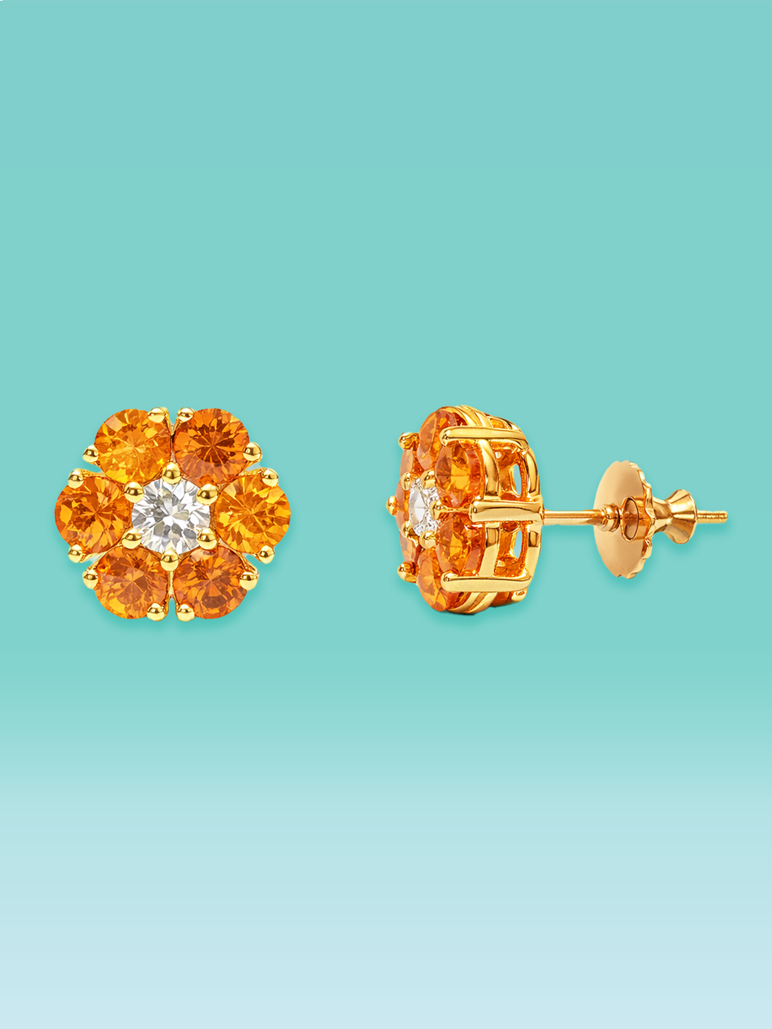 Vivid Orange Sapphire Lab Diamond Floral Stud Earrings