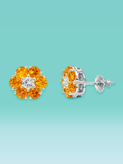 Vivid Orange Sapphire Lab Diamond Floral Stud Earrings
