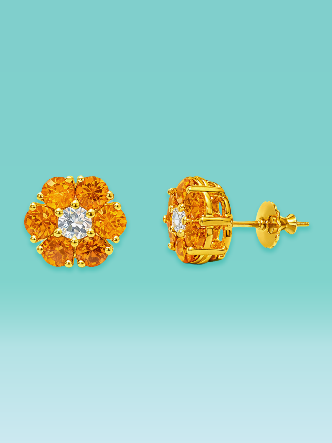 Vivid Orange Sapphire Lab Diamond Floral Stud Earrings
