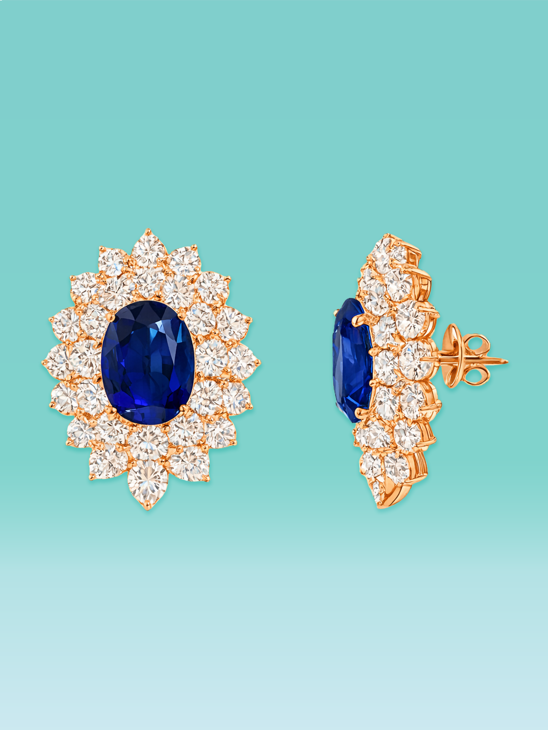 Oval Cut Blue Sapphire Lab Diamond Cluster Stud Earrings