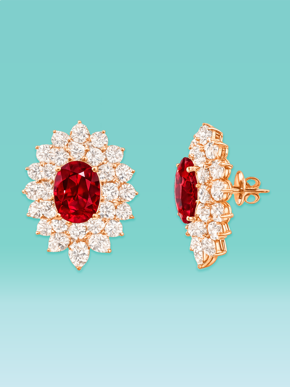 Oval Cut Ruby Lab Diamond Cluster Stud Earrings