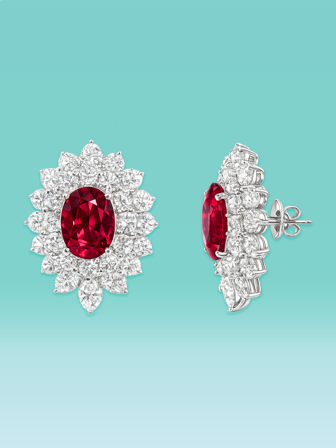 Oval Cut Ruby Lab Diamond Cluster Stud Earrings