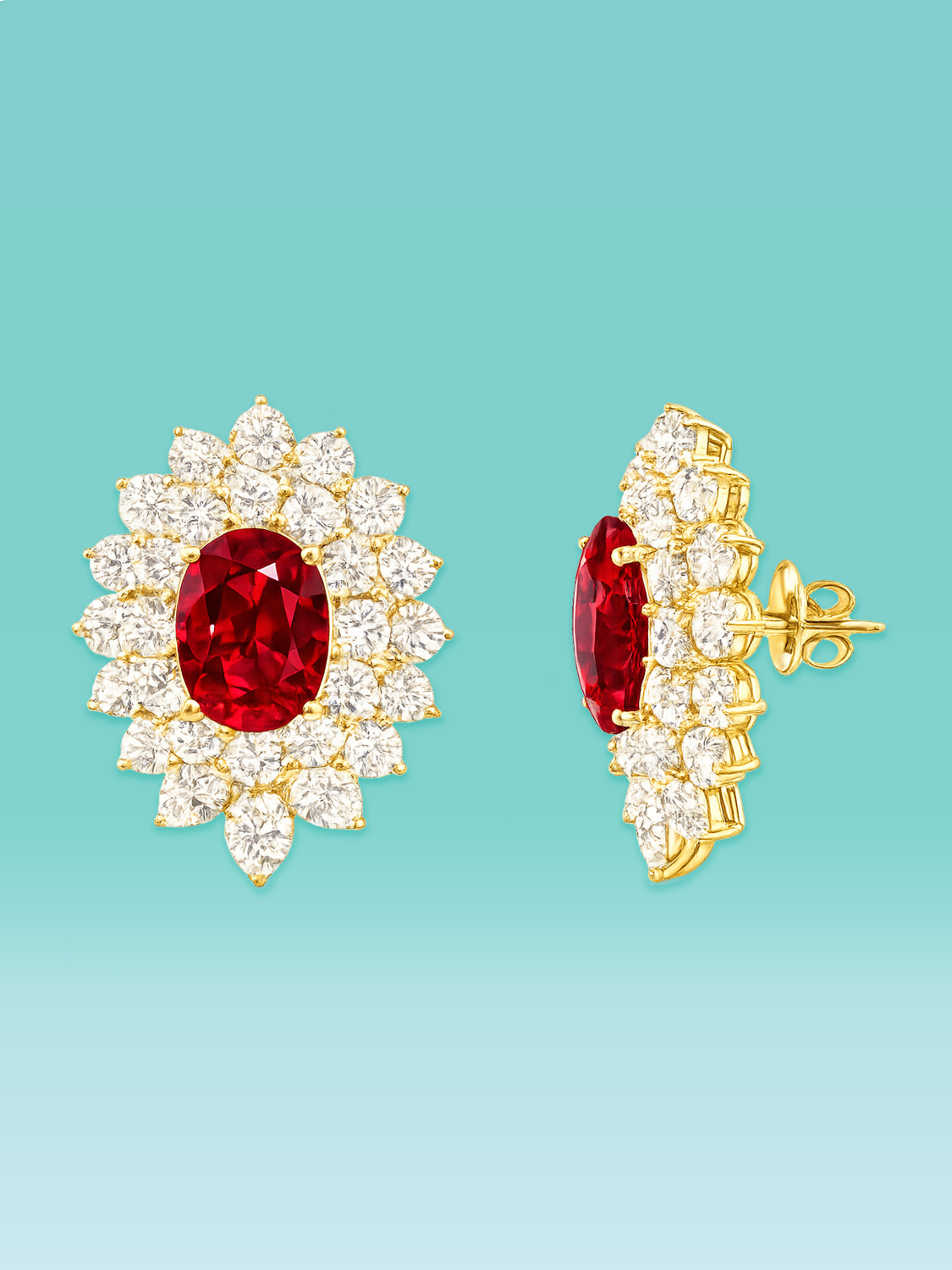 Oval Cut Ruby Lab Diamond Cluster Stud Earrings