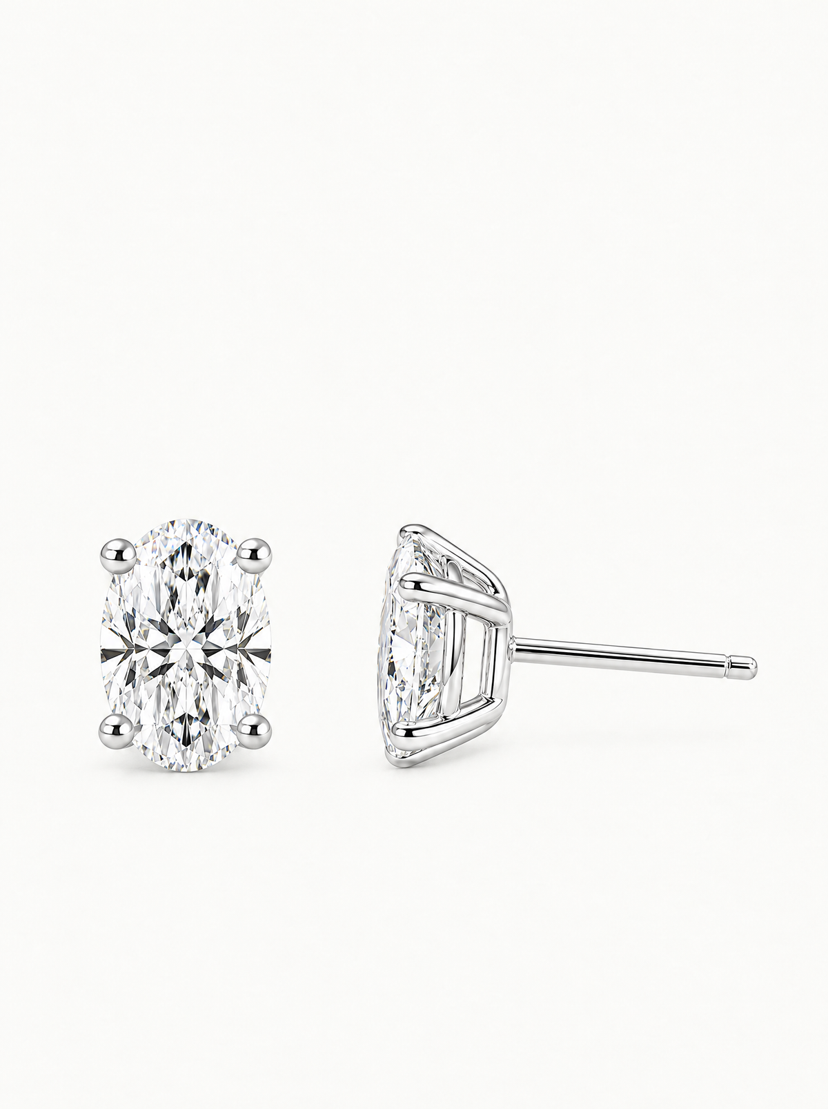 Oval Cut Lab-Grown Diamond Stud Earrings in 14K white gold, front view — Bow Tie Lab Diamonds