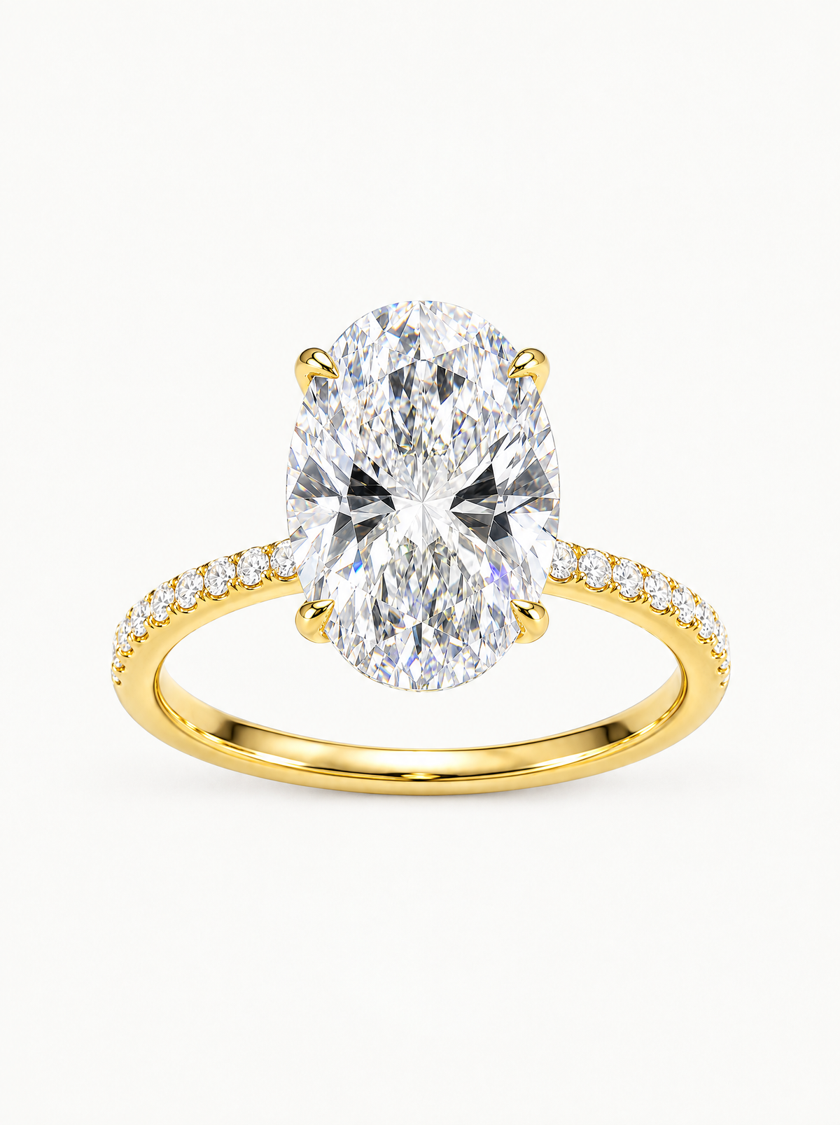 Oval Cut Solitaire Hidden Halo Lab-Grown Diamond Engagement Ring in 14K yellow gold, angled side view — Bow Tie Lab Diamonds