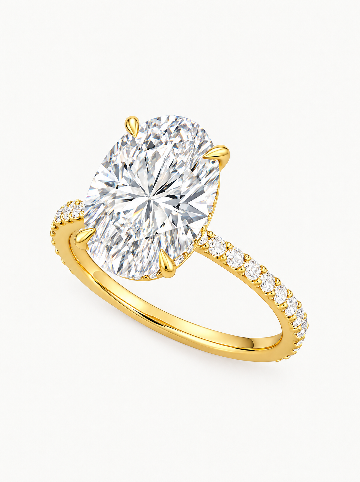 Oval Cut Solitaire Hidden Halo Lab-Grown Diamond Engagement Ring in 14K yellow gold, angled side view — Bow Tie Lab Diamonds