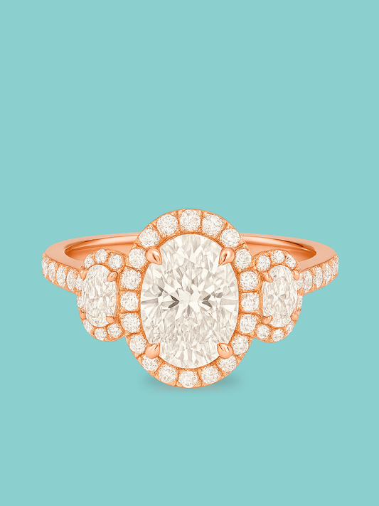 Oval Three-Stone Halo Ring