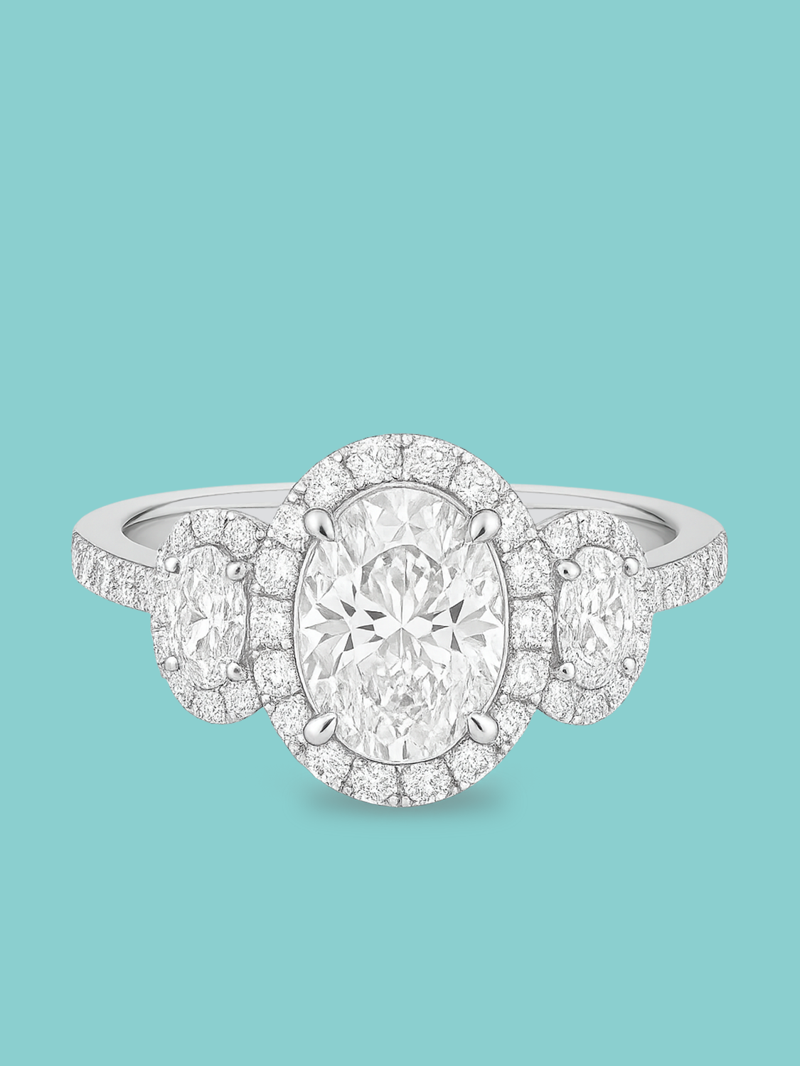 Oval Cut Three-Stone Halo Pavé Lab Diamond Statement Ring