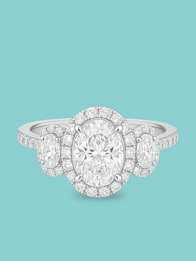 Oval Cut Three-Stone Halo Pavé Lab Diamond Statement Ring