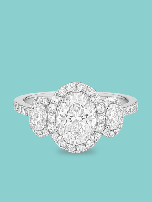 Oval Three-Stone Halo Ring