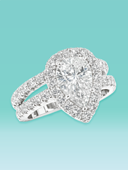 Pear Cut Lab Diamond Halo Pavé Band Engagement Ring Set
