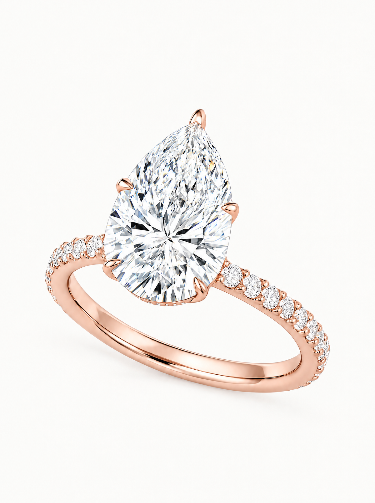 Pear Cut Solitaire Hidden Halo Lab-Grown Diamond Engagement Ring in 14K rose gold, front view — Bow Tie Lab Diamonds
