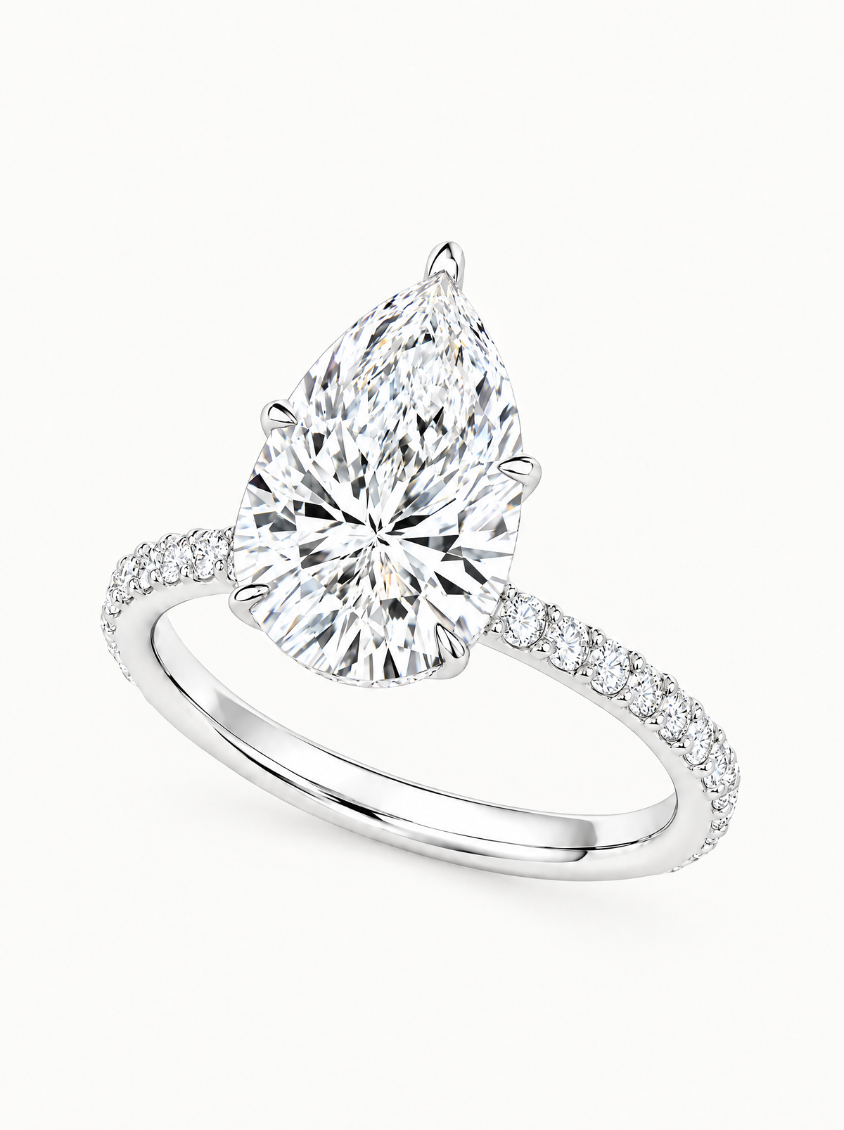 Pear Cut Solitaire Hidden Halo Lab-Grown Diamond Engagement Ring in 14K white gold, front view — Bow Tie Lab Diamonds