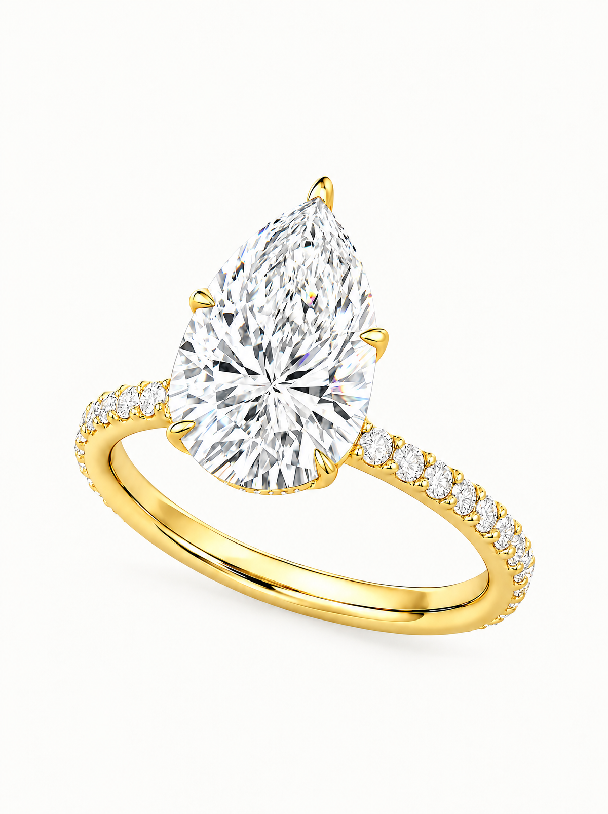 Pear Cut Solitaire Hidden Halo Lab-Grown Diamond Engagement Ring in 14K yellow gold, angled side view — Bow Tie Lab Diamonds