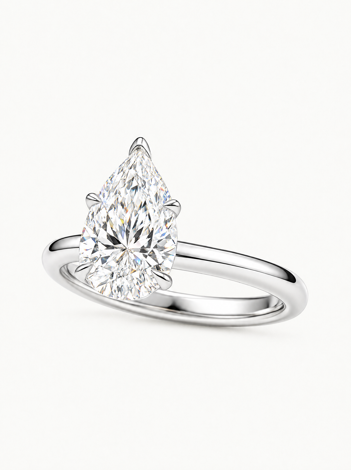 Pear Cut Solitaire Lab-Grown Diamond Engagement Ring in 14K white gold, front view — Bow Tie Lab Diamonds