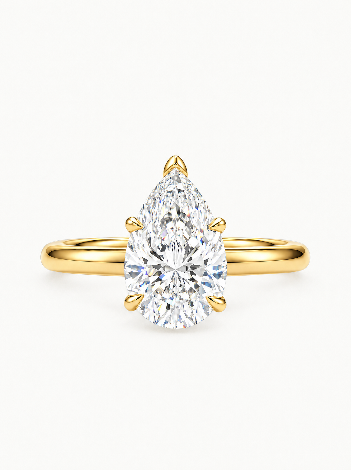 Pear Cut Solitaire Lab-Grown Diamond Engagement Ring in 14K yellow gold, front view — Bow Tie Lab Diamonds