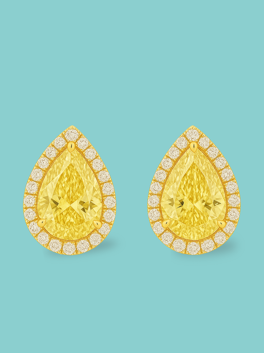 Fancy Yellow Lab Diamond Pear Cut Halo Pavé Stud Earrings