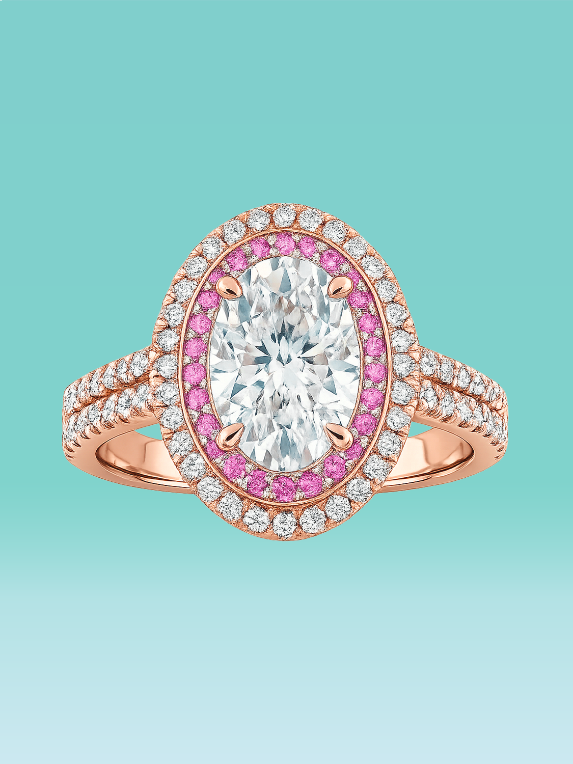 Pink Oval Cut Double Halo Pavé Band Lab Diamond Statement Ring