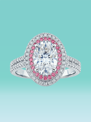 Pink Oval Cut Double Halo Pavé Band Lab Diamond Statement Ring