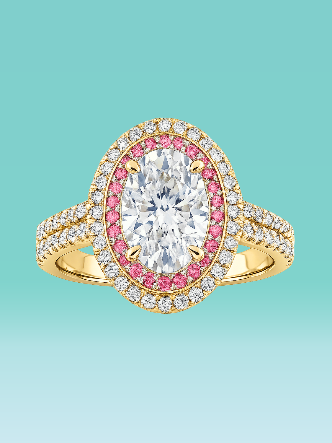 Pink Oval Cut Double Halo Pavé Band Lab Diamond Statement Ring