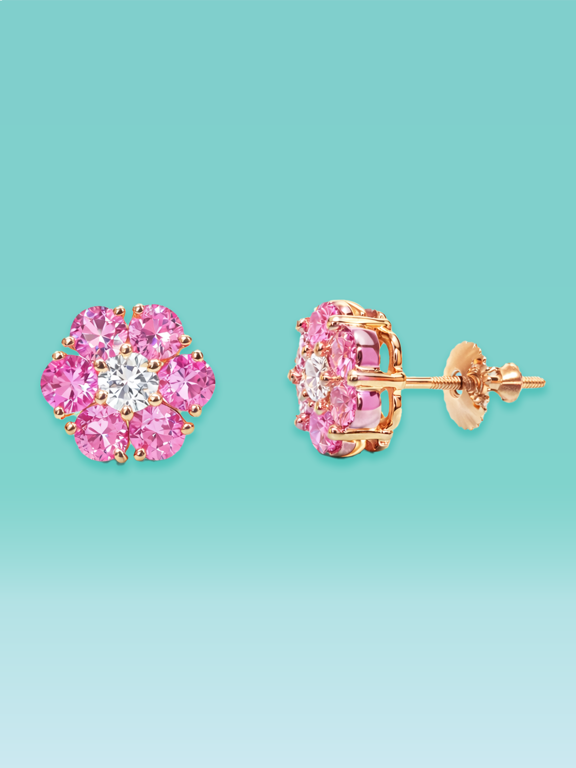 Pink Sapphire Lab Diamond Floral Stud Earrings