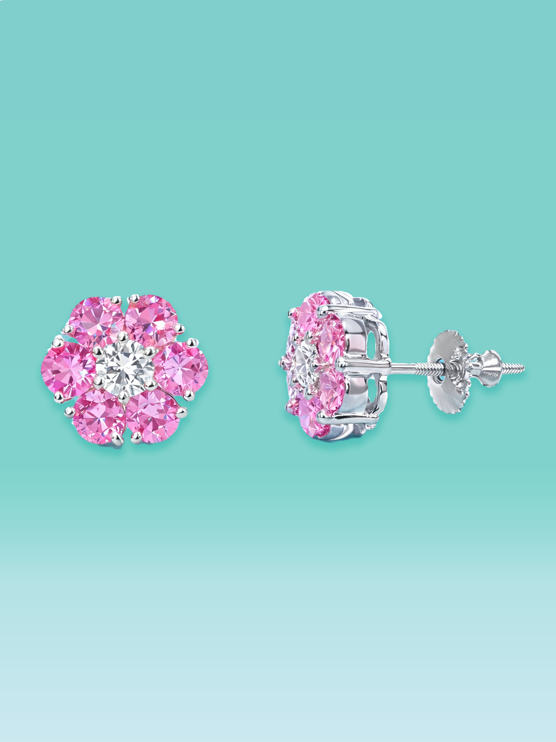 Pink Sapphire Lab Diamond Floral Stud Earrings