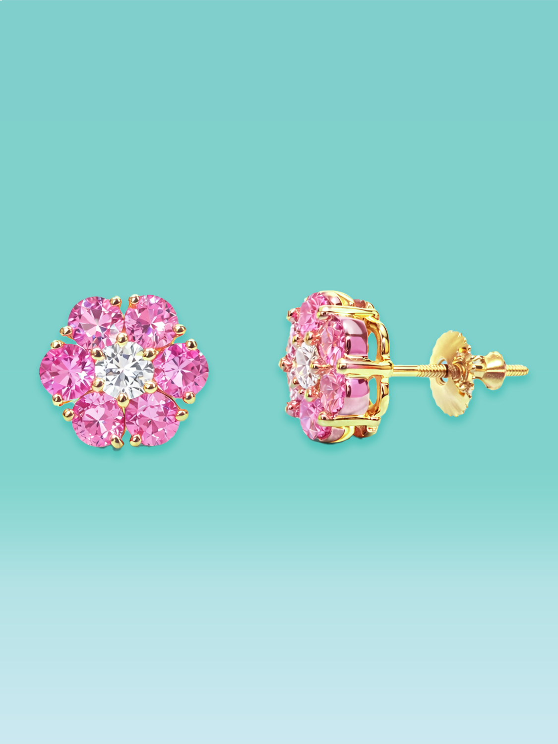 Pink Sapphire Lab Diamond Floral Stud Earrings