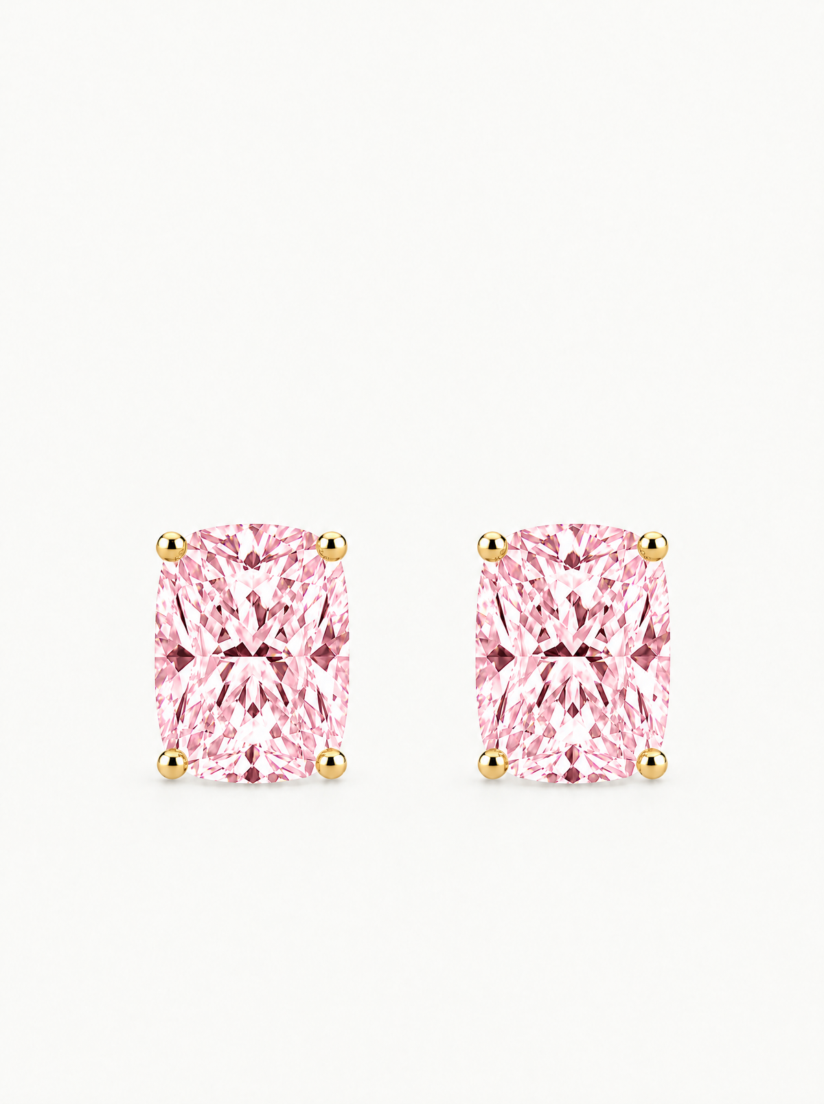 Fancy Pink Cushion Cut Lab-Grown Diamond Stud Earrings in 14K yellow gold, front view — Bow Tie Lab Diamonds