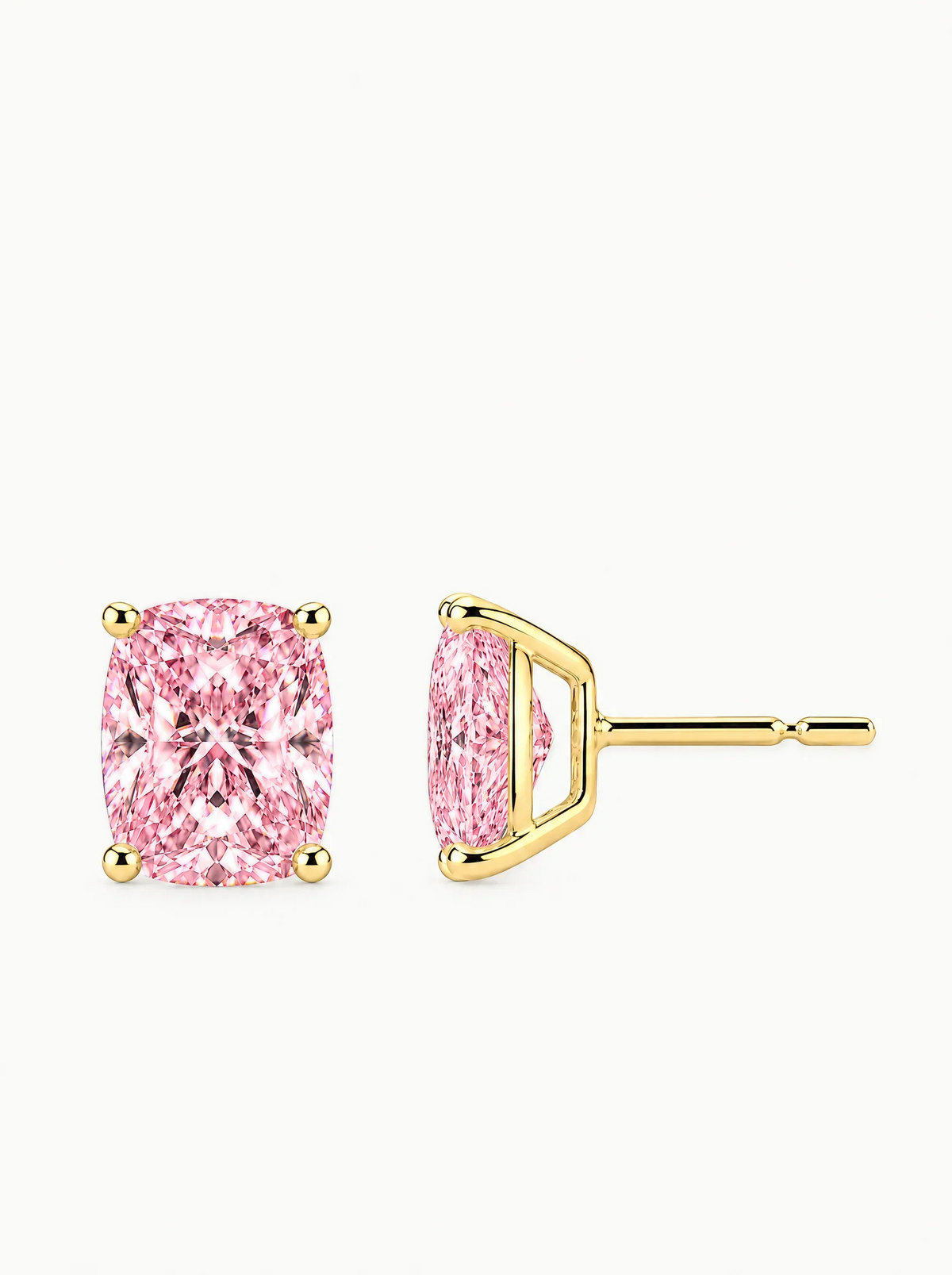 Fancy Pink Cushion Cut Lab-Grown Diamond Stud Earrings in 14K yellow gold, side view — Bow Tie Lab Diamonds
